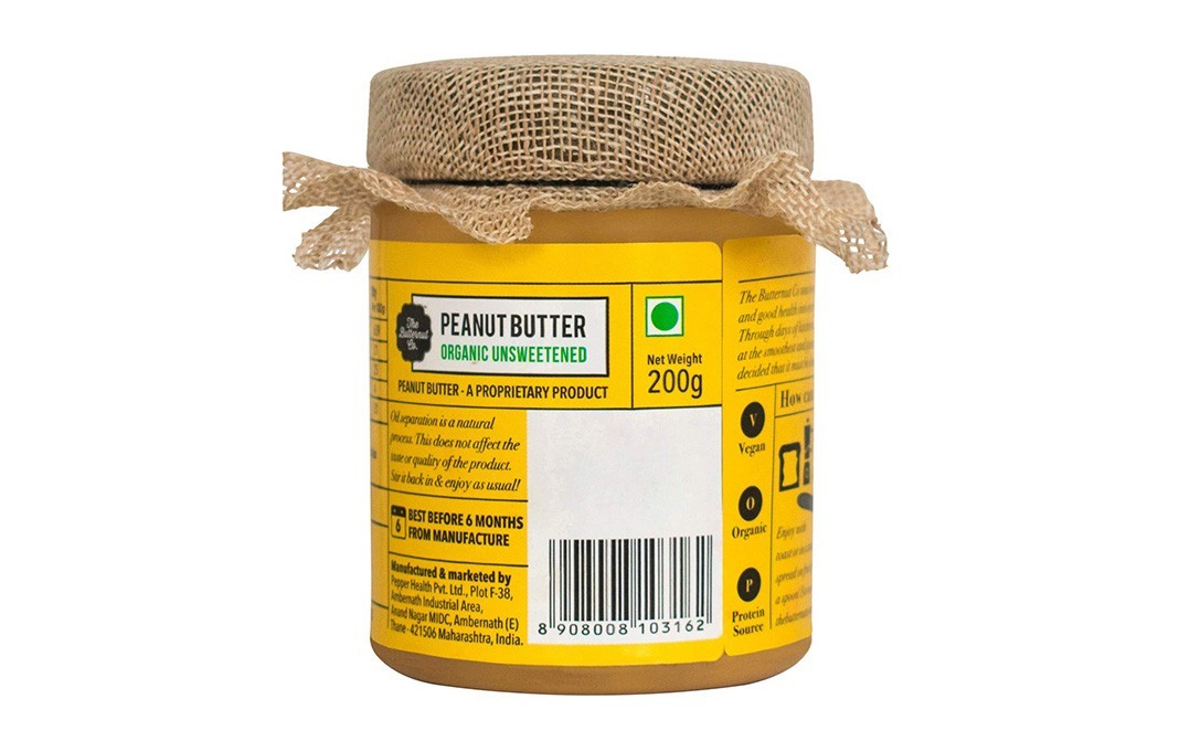 The Butternut Co. Organic Unsweetned Peanut Butter, Creamy   Glass Jar  200 grams